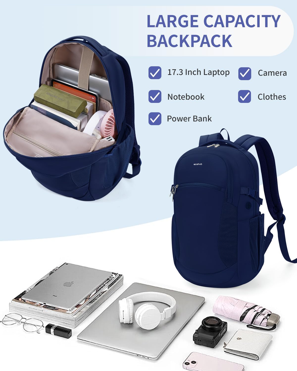 ECOHUB 17" Laptop Backpacks with Laptop Compartment Work Backpack Women Lightweight & Water Resistant Travel Backpack, Blue