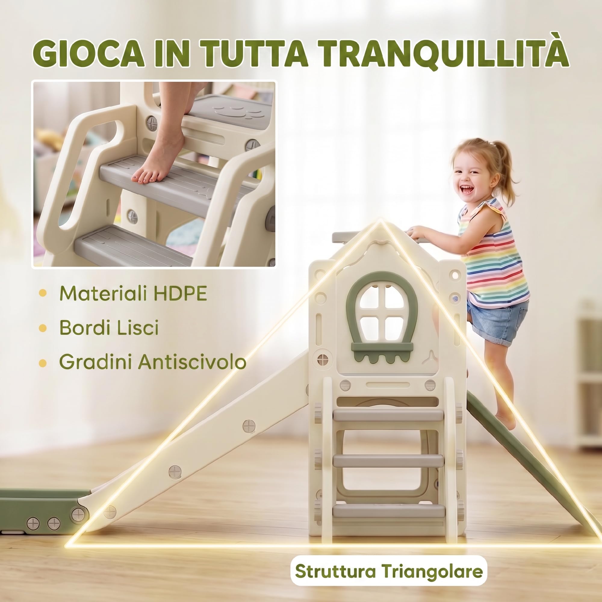 AIYAPLAY 4 in 1 Scivolo per Bambini 1-3 Anni in HDPE 191x100x84 cm Crema | Arrampicata, Canestro, Spazio Portaoggetti, Gradini Antiscivolo, Pallone, Carico Massimo 25kg