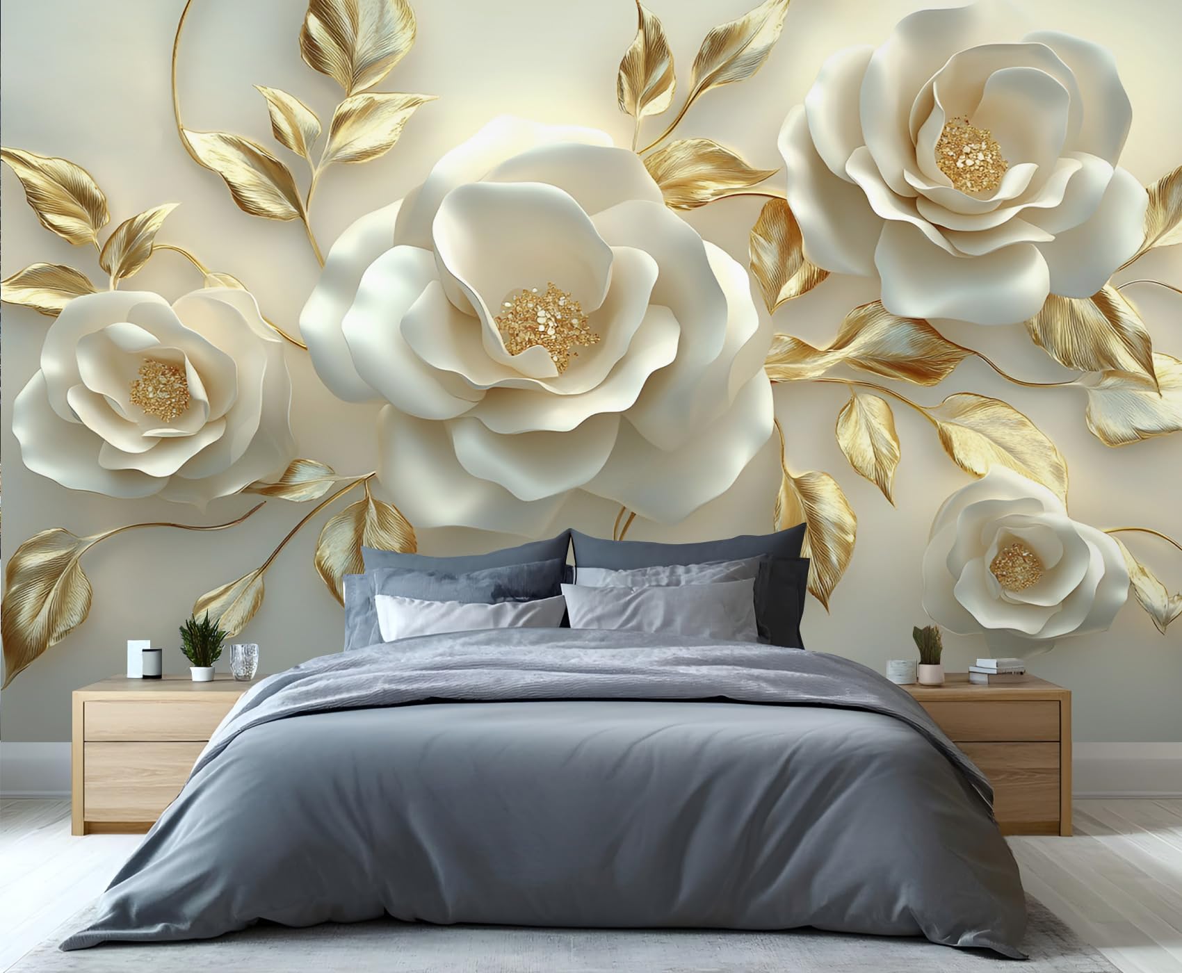 YXQAIED Floral Wallpaper, Embossed White Flower Wallpaper for Living Room, Light Luxury Gold Leaf Bedroom Wall Paper, Not Self Adhesive Retro Floral 3D Large Mural & Home Decor Poster, 366x254cm