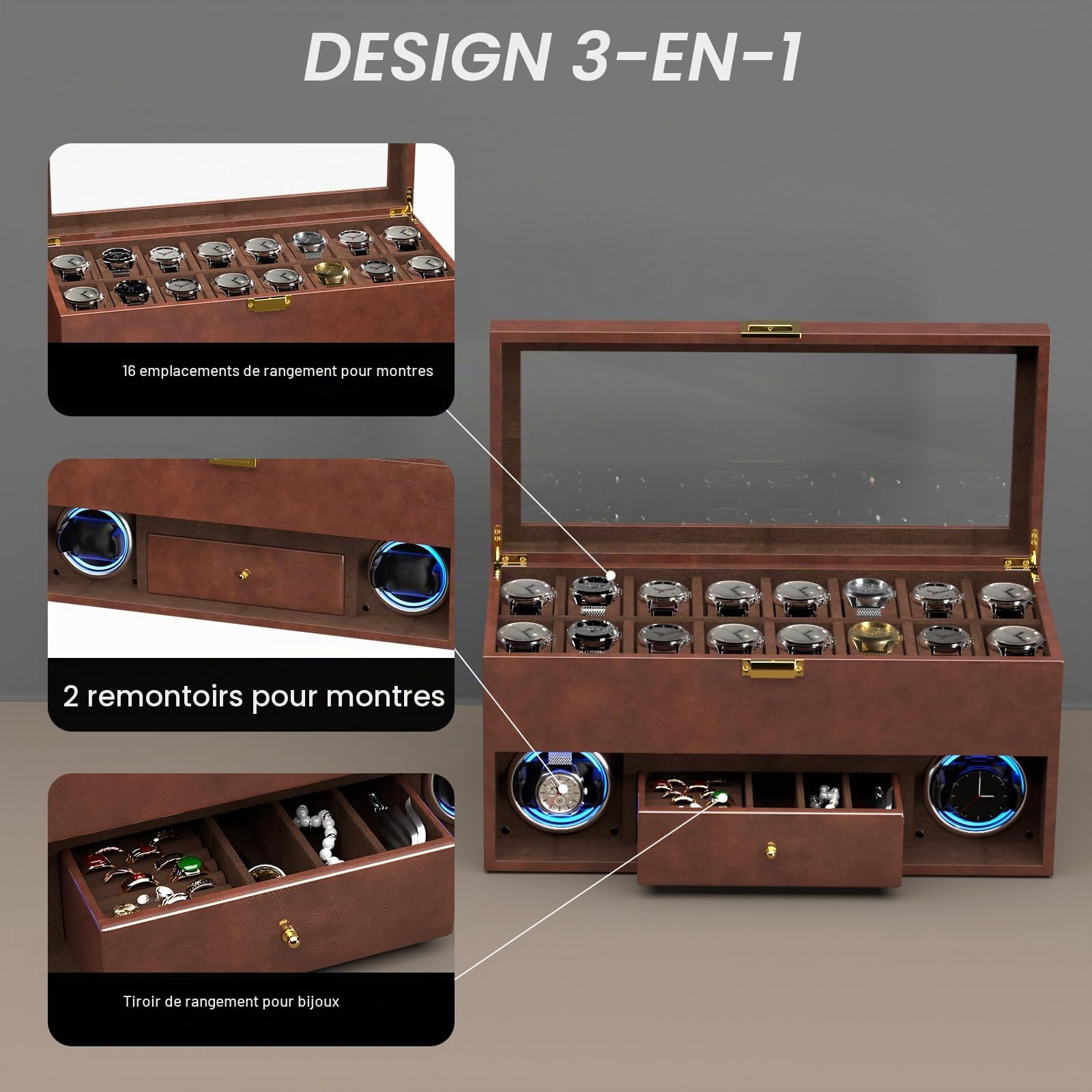 XTELARY Double Remontoir pour 2 Montres automatiques avec vitrine de Montre à 16 Compartiments, boîte à tiroirs, 4 Modes de Rotation, Coussin de Montre réglable et lumière LED Bleue pour Les Amateurs