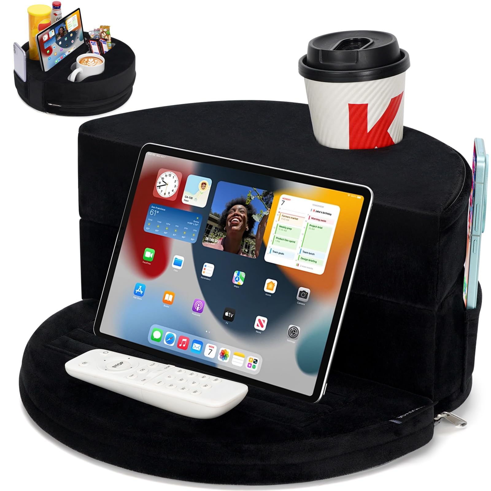 2-in-1 Couch Cup Holder Adjustable Tablet Stand Couch Caddy with Cup Holder with 6 Holes 2 Pockets Bed