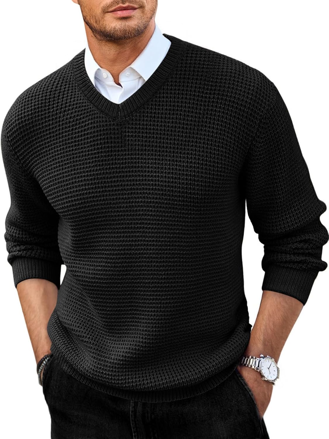 Runcati Mens V Neck Sweater Casual Waffle Knitted Pullover Slim Fit Fall Winter Basic Warm Sweaters