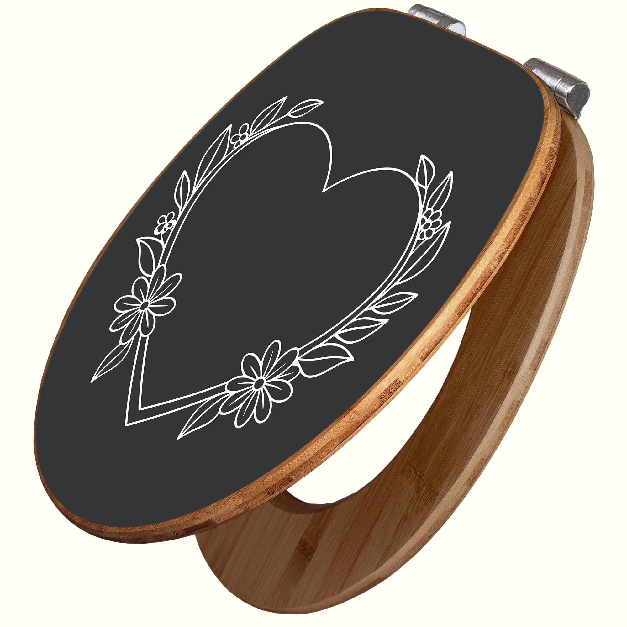 banjado Design WC Sitz Bambus Absenkautomatik 45,8x37,5cm - Toilettendeckel mit Absenkautomatik Holz - hochwertiger Bambus Klodeckel - WC-Sitz für gängigen Toiletten - Motiv Florales Herzdesign