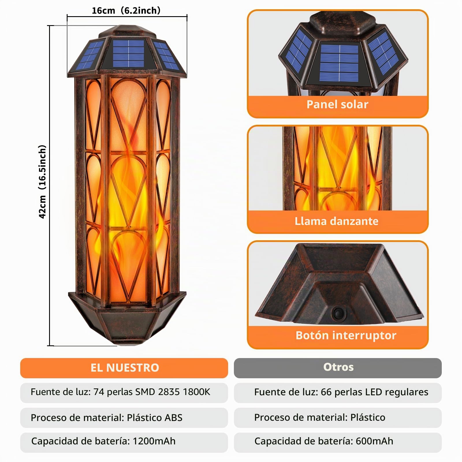 Apliques solares de llama para exteriores, 74 luces LED parpadeantes, apliques con encendido automático, impermeables, luces de pared para decoración de puerta de garaje, jardín, porche, patio, 2
