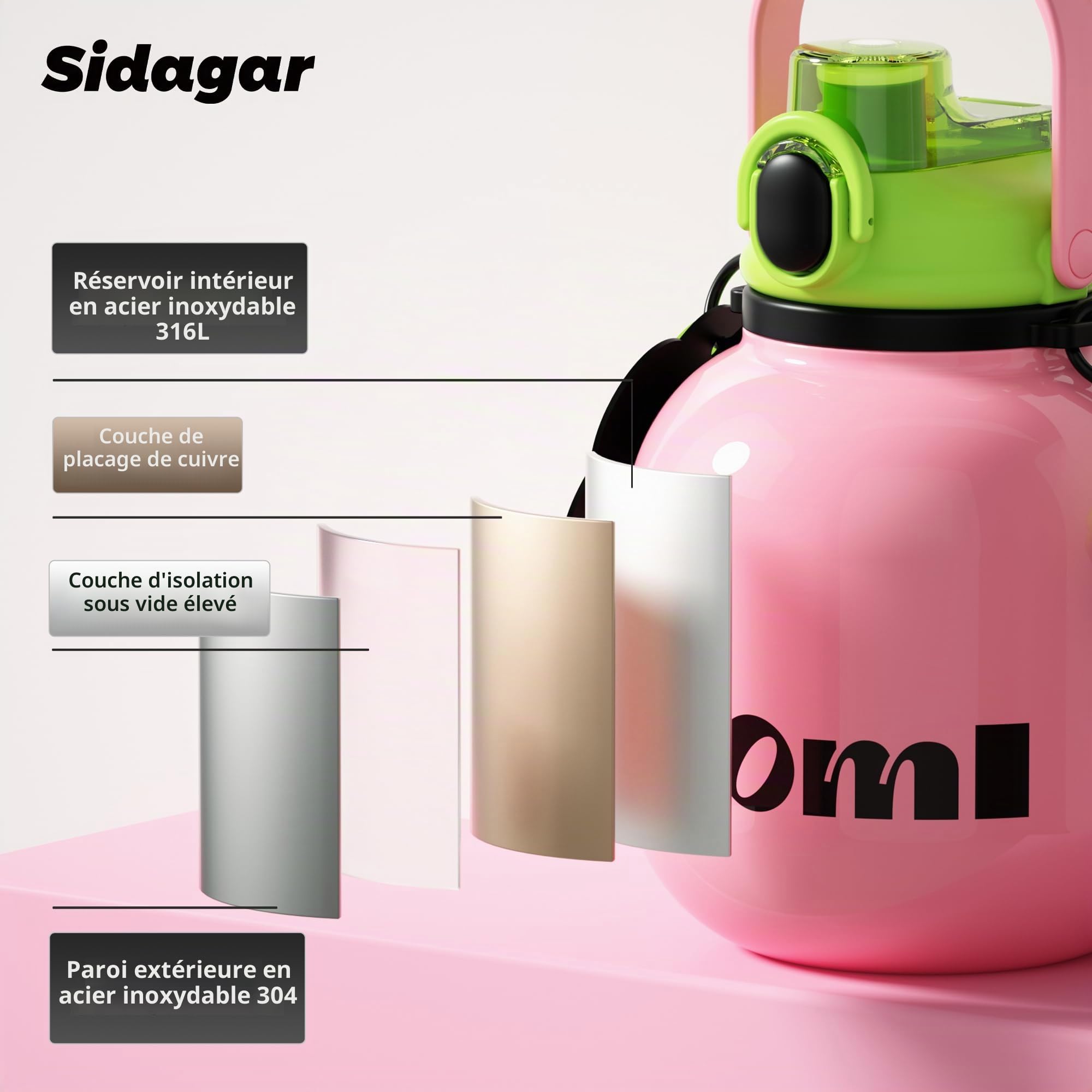 Gourde Isotherme 1,8L avec Paille et Poignée, Bouteille d’Eau Inox avec Bandoulière, Grande Capacité, Anti Fuite, Idéale Sport, Bureau et Déplacements, Rose Poudré
