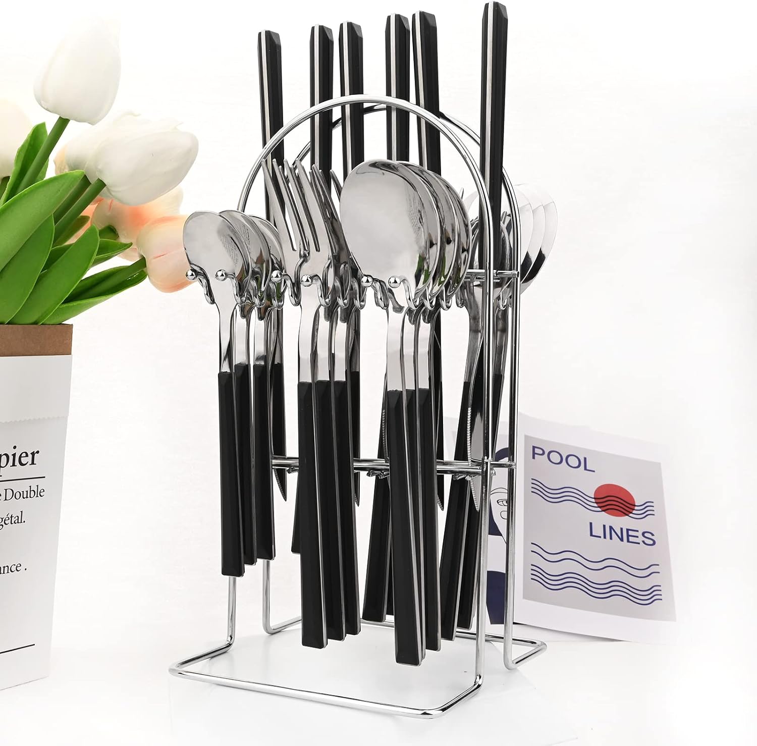 Silverware Set, 24 Piece Mirror Flatware Set With Stand, Stainless Steel Utensils With Black Handle, A Complete Cutlery Set For Most Families, Service For 6