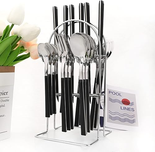 Miniatura 6 de Snplowum Juego de cubiertos de 24 piezas con soporte, utensilios de acero inoxidable con mango negro, un juego completo de cubiertos para la mayoría