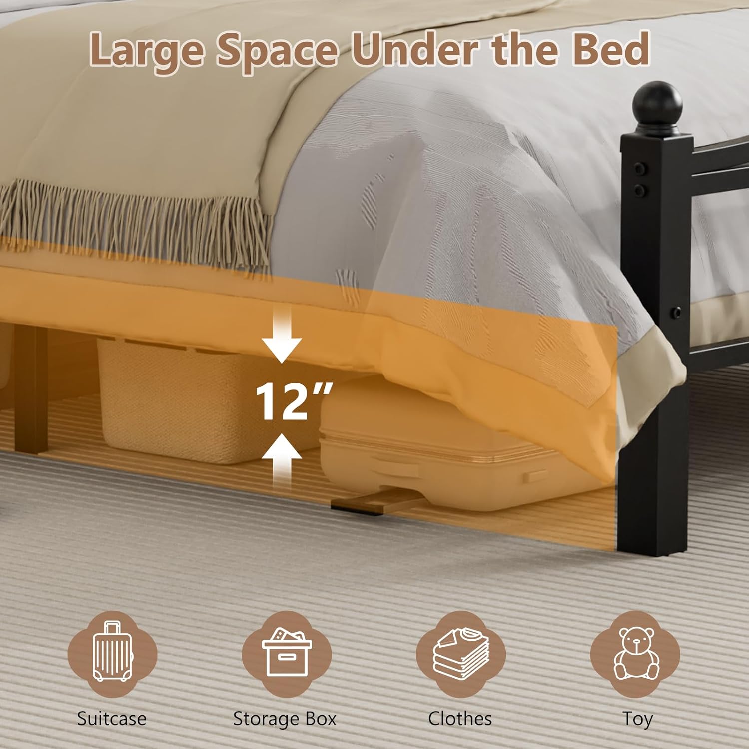 Metal Queen Bed Frames with Headboard, 1500lb No Squeak Metal Platform with Headboard, 12" Underbed Storage, Tool-Free 30-Min Assembly No Box Spring Needed for Dorms/Apartments