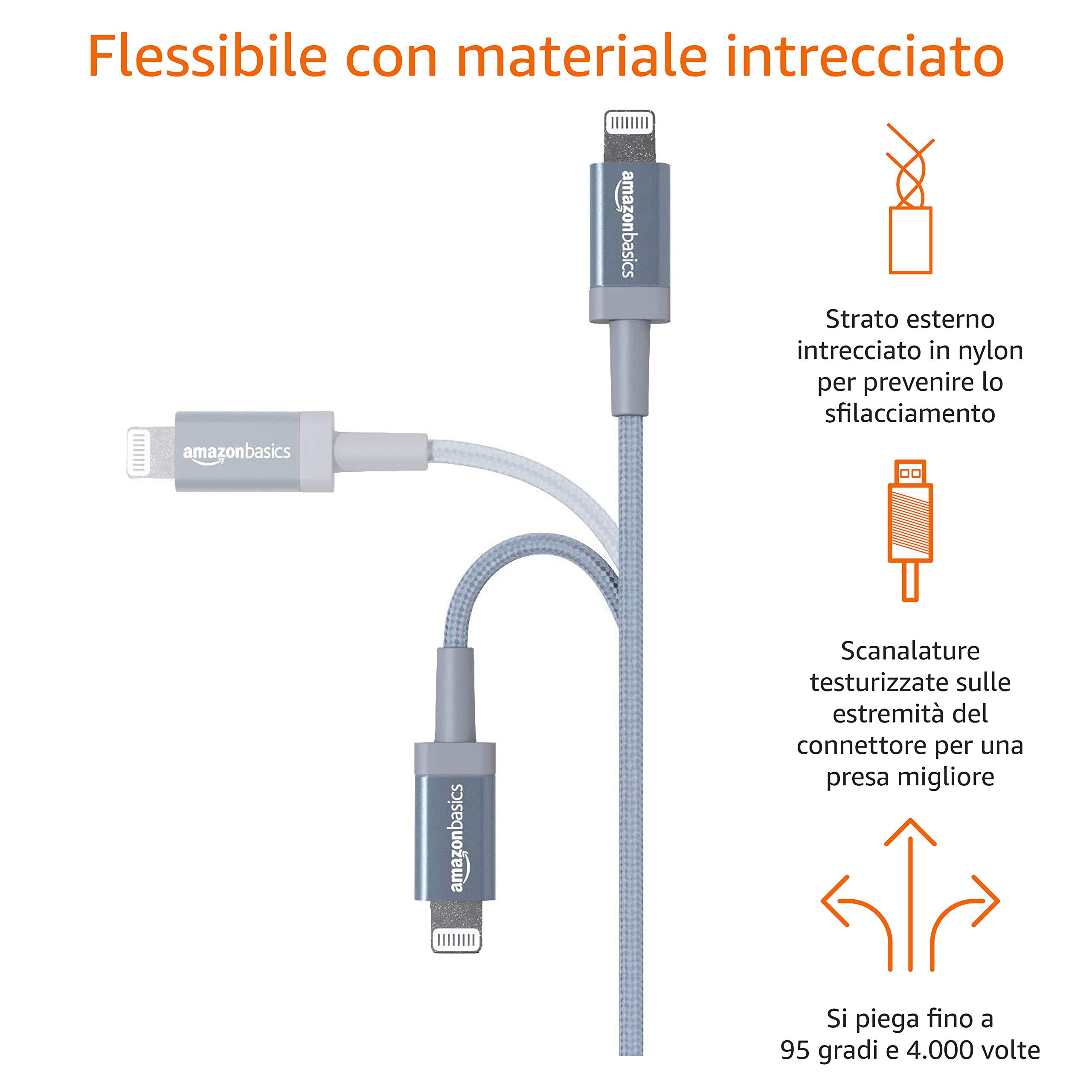 Amazon Basics - Cavo di ricarica USB-A a Lightning, certificato MFi, in nylon intrecciato, per iPhone, grigio scuro, 1.8 m, confezione da 2