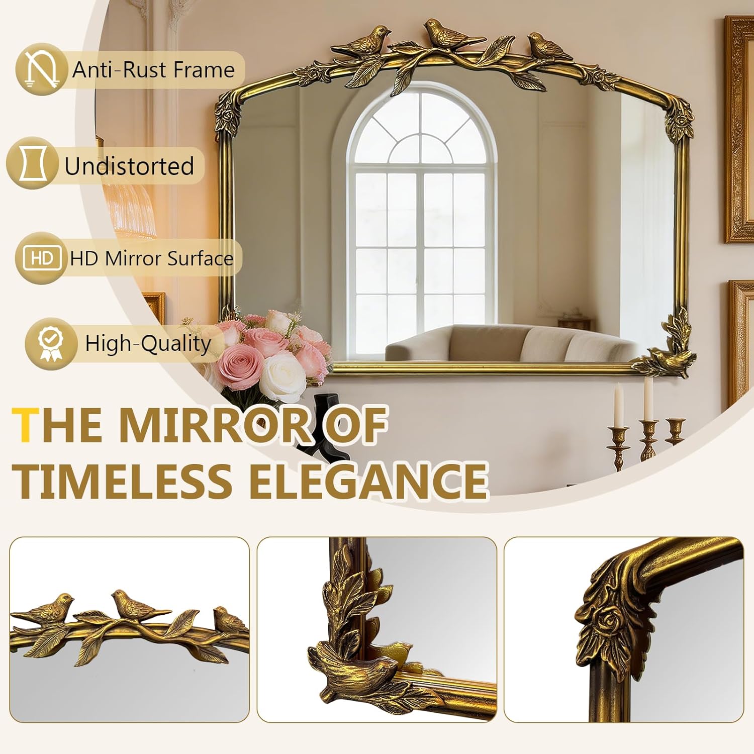 Gold Baroque Vintage Mirror for Vanity 19x25Inch Gold Antique with Ornate Frame, Arched Vintage Wall for Bathroom, Living Room, Fireplace, Entryway (Golden (Arched 6), 20L x 26W（Vertical ）)