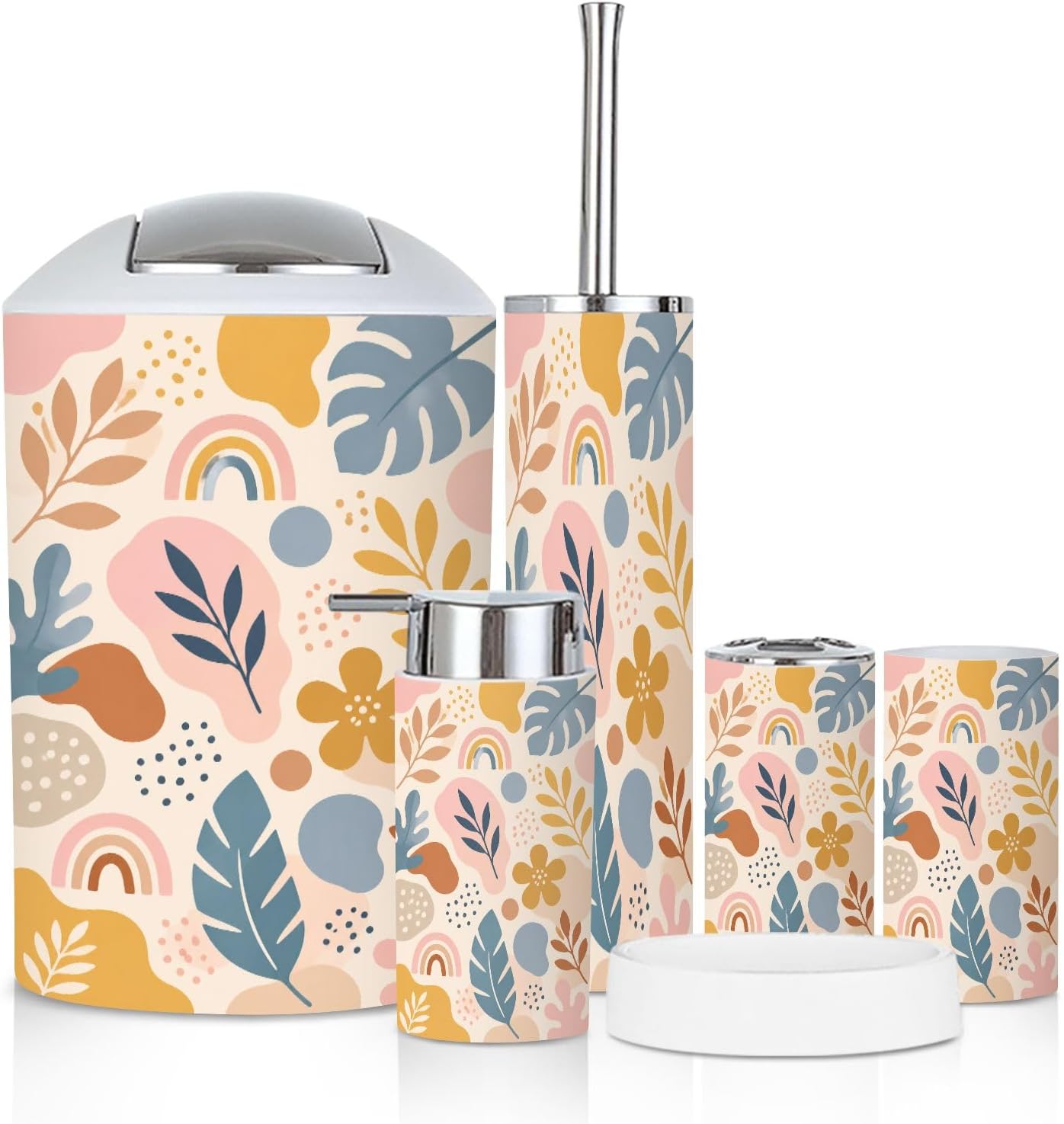 Bathroom Accessory Set 6PCS Seamless Childish Hand Drawn Abstract Shapes Leaves Rainbows Trash Can, Soap Dispenser, Toothbrush Holder, Toothbrush Cup, Toilet Brush Holder, Soap Dish for Gift