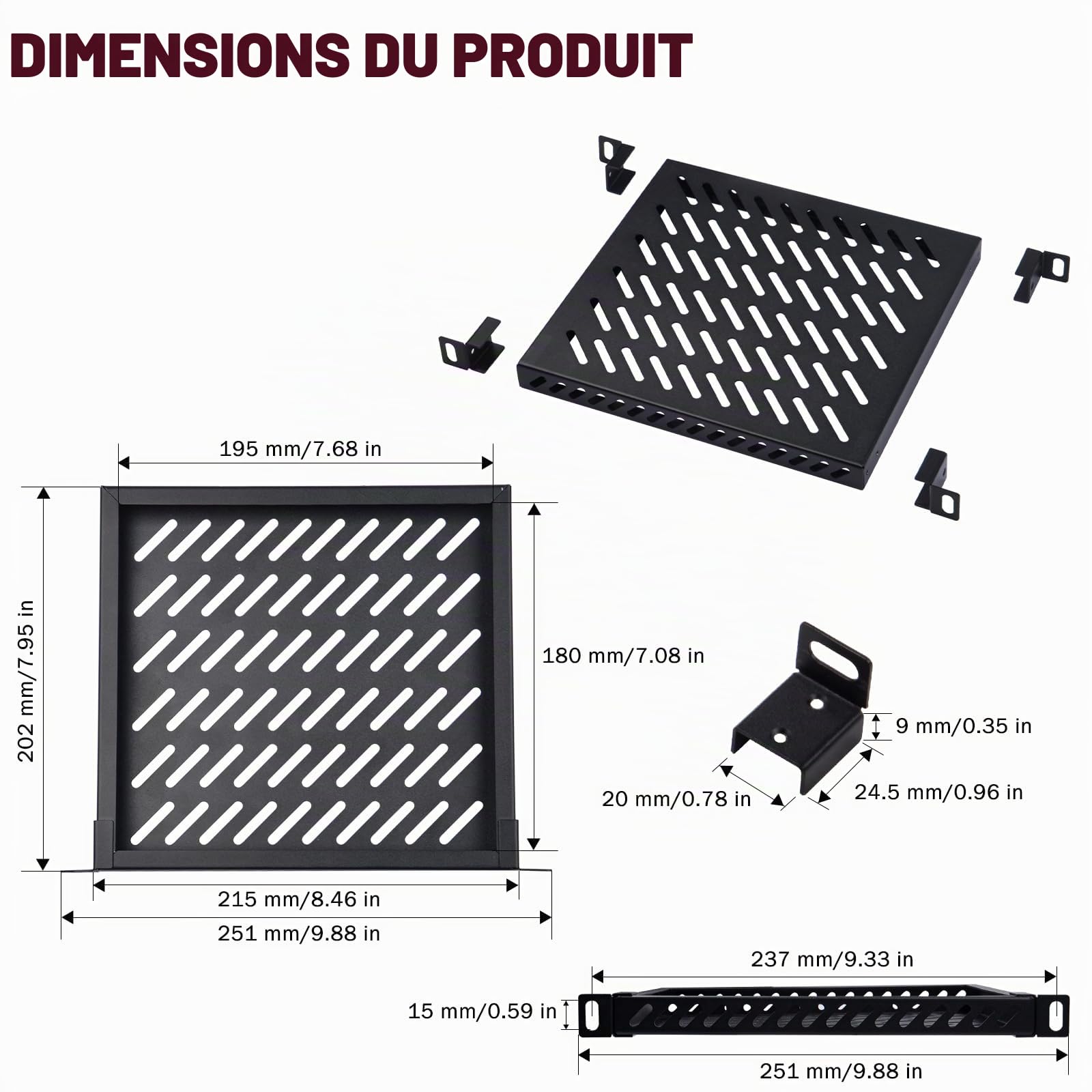 GeeekPi Étagère de Serveur Robuste 0,5U pour Rack de Serveur DeskPi RackMate T1/T0 et Rack de Serveur ou Armoire réseau 10", Design perforé, capacité de Charge de 25 kg, Noir