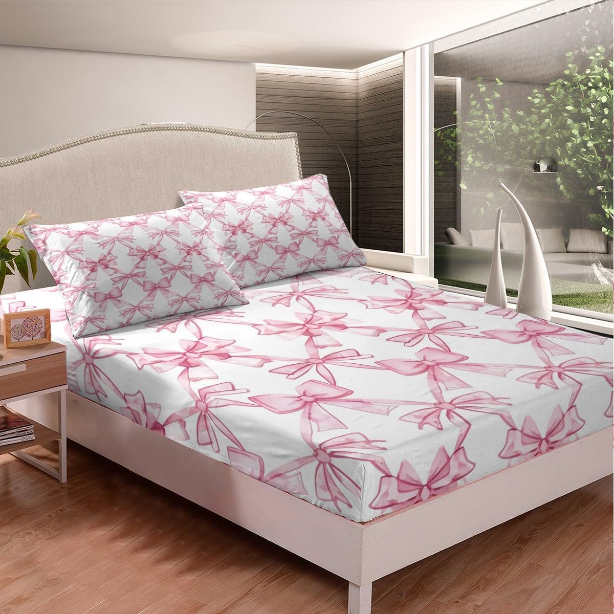 Manfei Pink Bowknot Bed Sheet Set Twin Size,Watercolor Bow-tie Princess Style Paint Sheet Set,Dreamy Bow Crossed Grids Lines Pink White Bedding Set with 1 Flat & 1 Fitted Sheet with 1 Pillow Sham
