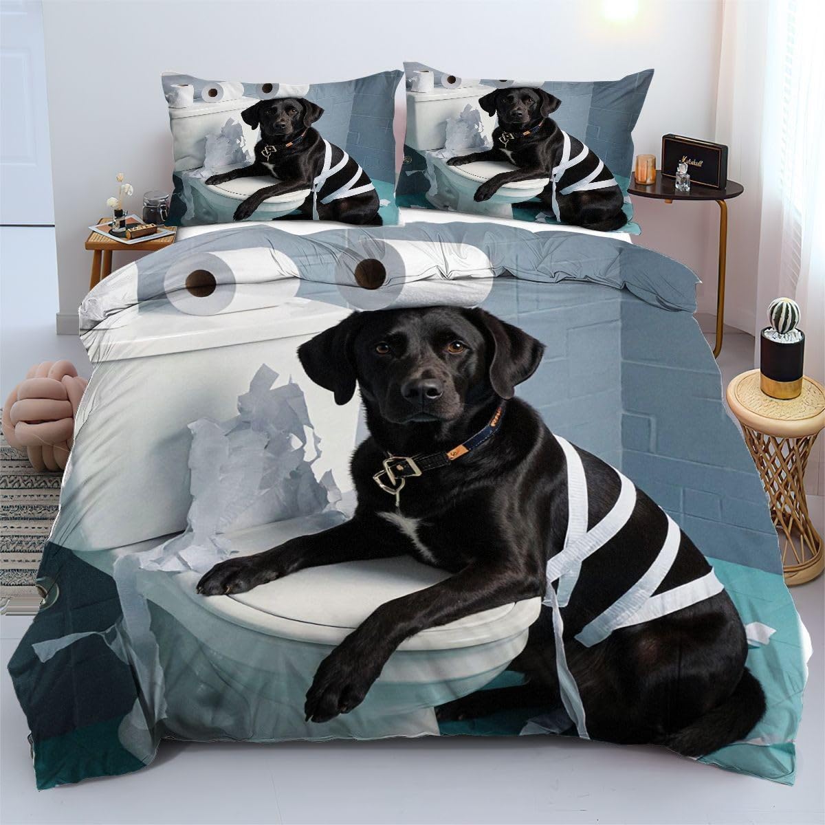 Housse de Couette 90x190 cm Chien Noir Parure de Lit Enfant Douce et Linge de Lit Adulte Lavable