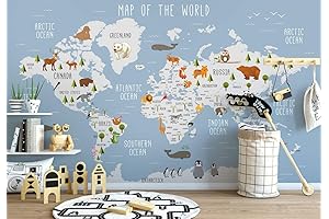 Murwall Kids Wallpaper World Map Wall Mural Cartoon Animal Wall Print Nursery...