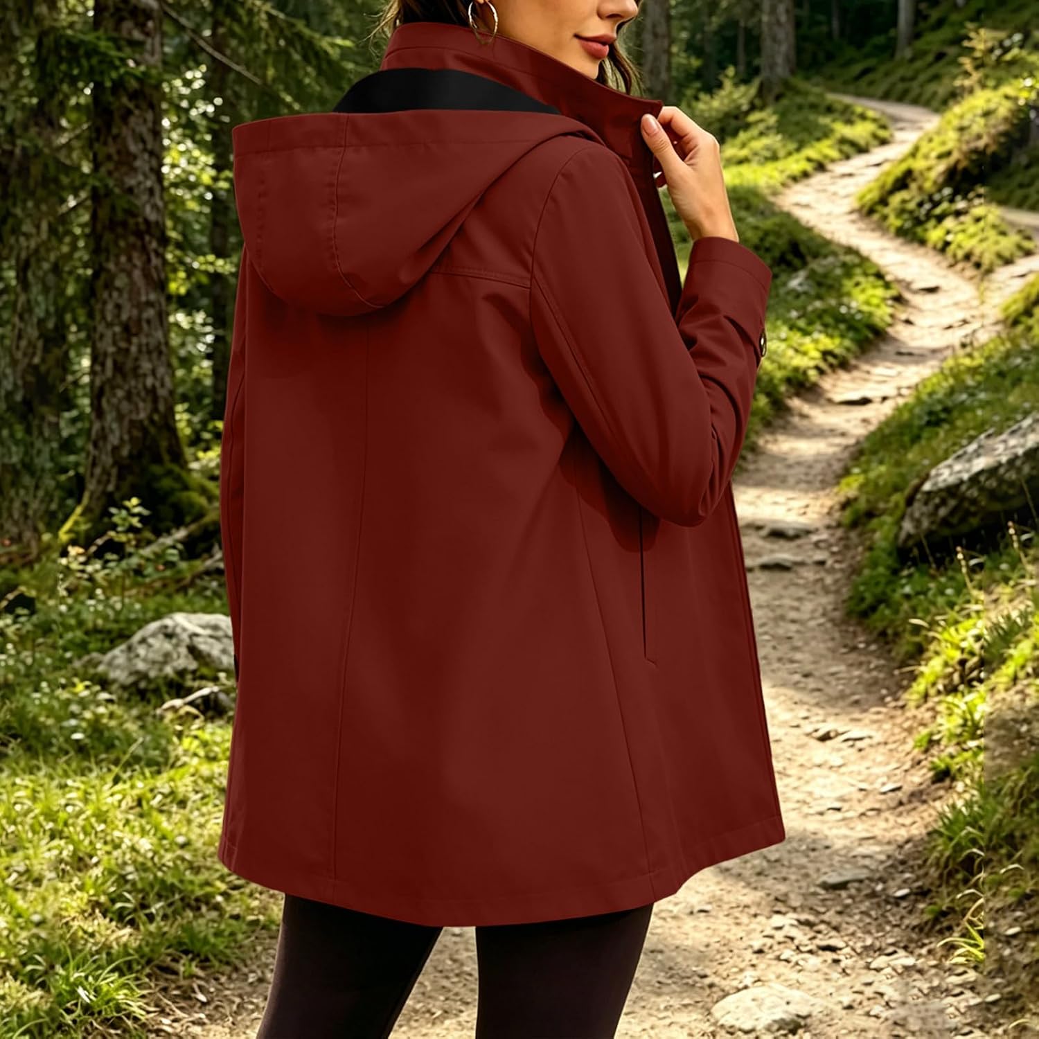 Womens Long Hooded Rain Jacket Waterproof Outdoor Hiking Raincoat | Windbreaker Lightweight Trench Coats Trench Coats Windbreaker Trenchcoats Basic Fashion Clothes Clothing