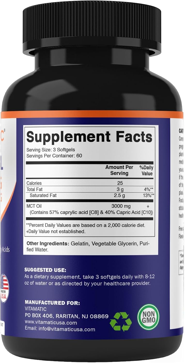 Vitamatic 2 Packs MCT Oil Capsules 3000 mg per Serving - 180 Softgels - from Coconut Oil - Contains 55% caprylic Acid C8 and 40% capric Acid C10 (Total 360 Softgel) - Image 8