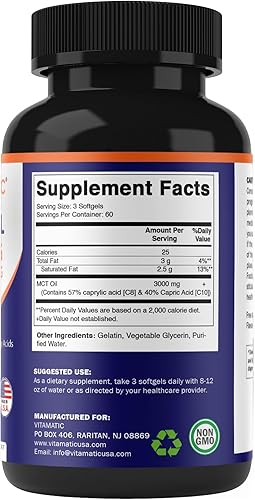 Miniatura 8 de Vitamatic 2 paquetes de cápsulas de aceite MCT de 3000 mg por porción, 180 cápsulas blandas, de aceite de coco, contiene 55% de ácido caprílico C8 y