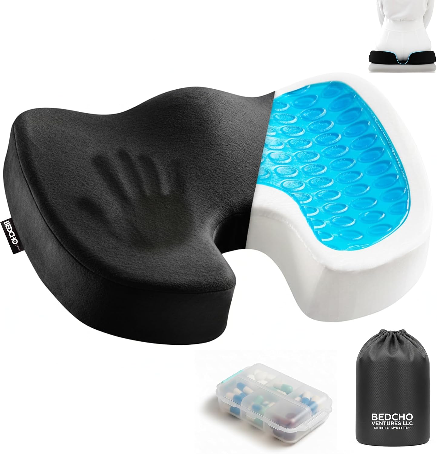 Seat Cushion For Tailbone Pain Relief – Ergonomic Gel Memory Foam Pad for Sciatica & Lower Back Support, Perfect for Office, Car, Truck, Gamer, Airplane, Wheelchair & Home, Bonus Pill Case Included