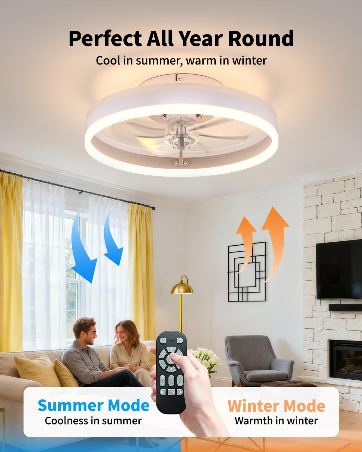 RGB Ceiling Fan with Lights, low profile ceiling fans with lights and remote, Flush Mount LED Fan Light, Modern Bladeless Fandelier for Bedroom Works with APP, 16IN White
