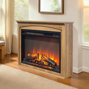 28" W Small Electric Fireplace with Mantel, 24" H Tall Fireplace TV Stand, Freestanding Electric Fireplaces Mantels Adjustable 3D Flame, Farmhouse Fire Place Mantel for Living Room, TV Natural