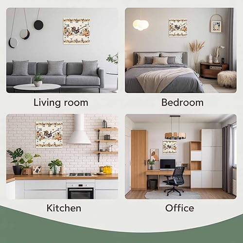 Miniatura 8 de Fall Turkey Wooden Wall Clock Silent Non Ticking, Thanksgiving Botanical Country Pumpkins Square Wall Clock Battery Operated, Decor Clock for Home