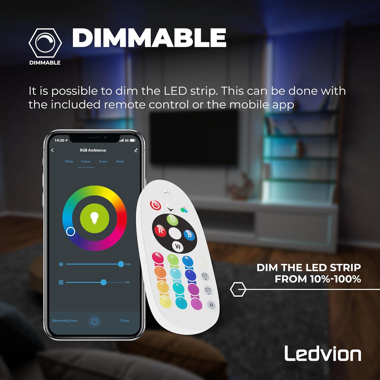 Image showing the Ledvion remote control and a smartphone app interface, illustrating how to dim the LED strip from 10% to 100%.