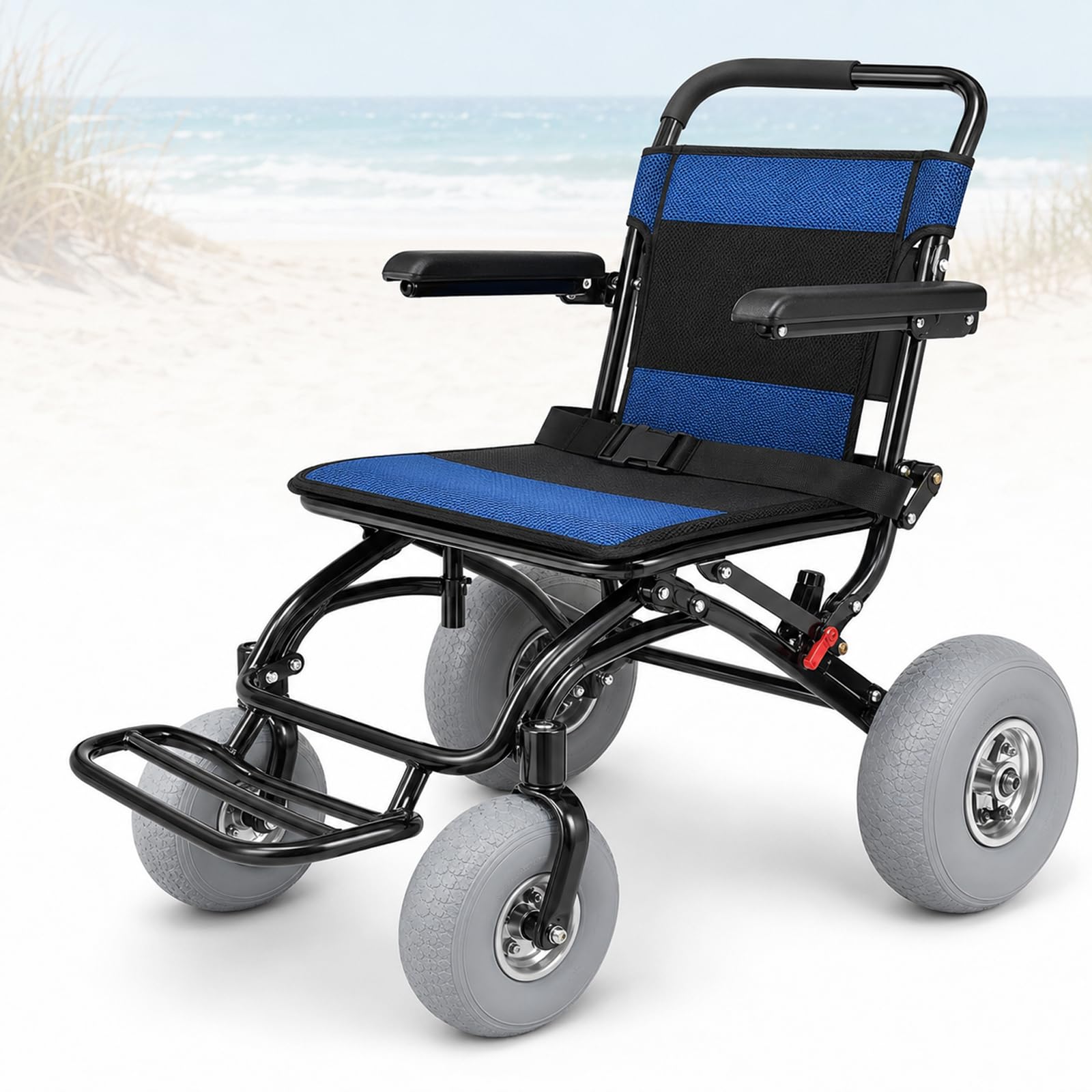 Silla De Ruedas Todoterreno para Playa, Plegable, con Neumáticos Anchos para Arena Blanda, De 12 Y 9 Pulgadas, Capacidad De 220 LB, Ruedas De Liberación Rápida, Reposabrazos Y Reposapiés