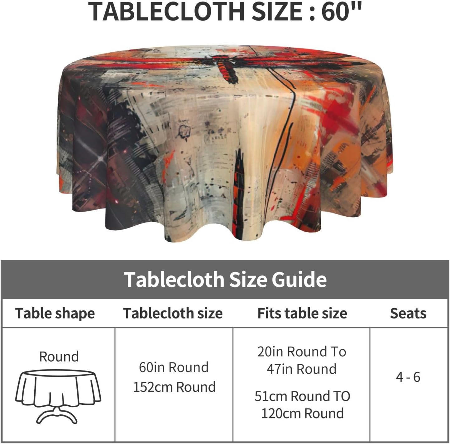 Abstract Red Dragonfly Print Wrinkle Free Dining Table Cover for Birthday Party Farmhouse Tablecloths Up to 60 x 60 Inches