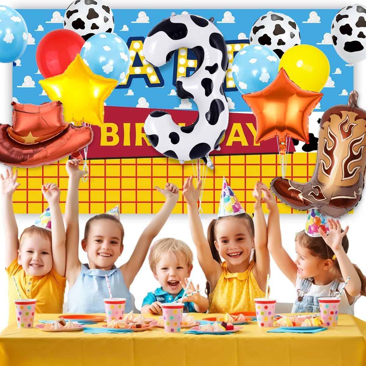 Toys themed Birthday Decorations, Include Cow Print Number 3 Balloon 40 inch, Cowboy Balloons, Star, Colour Balloons for 3rd Birthday Decorations, Cowboy Birthday Party Decorations image 3