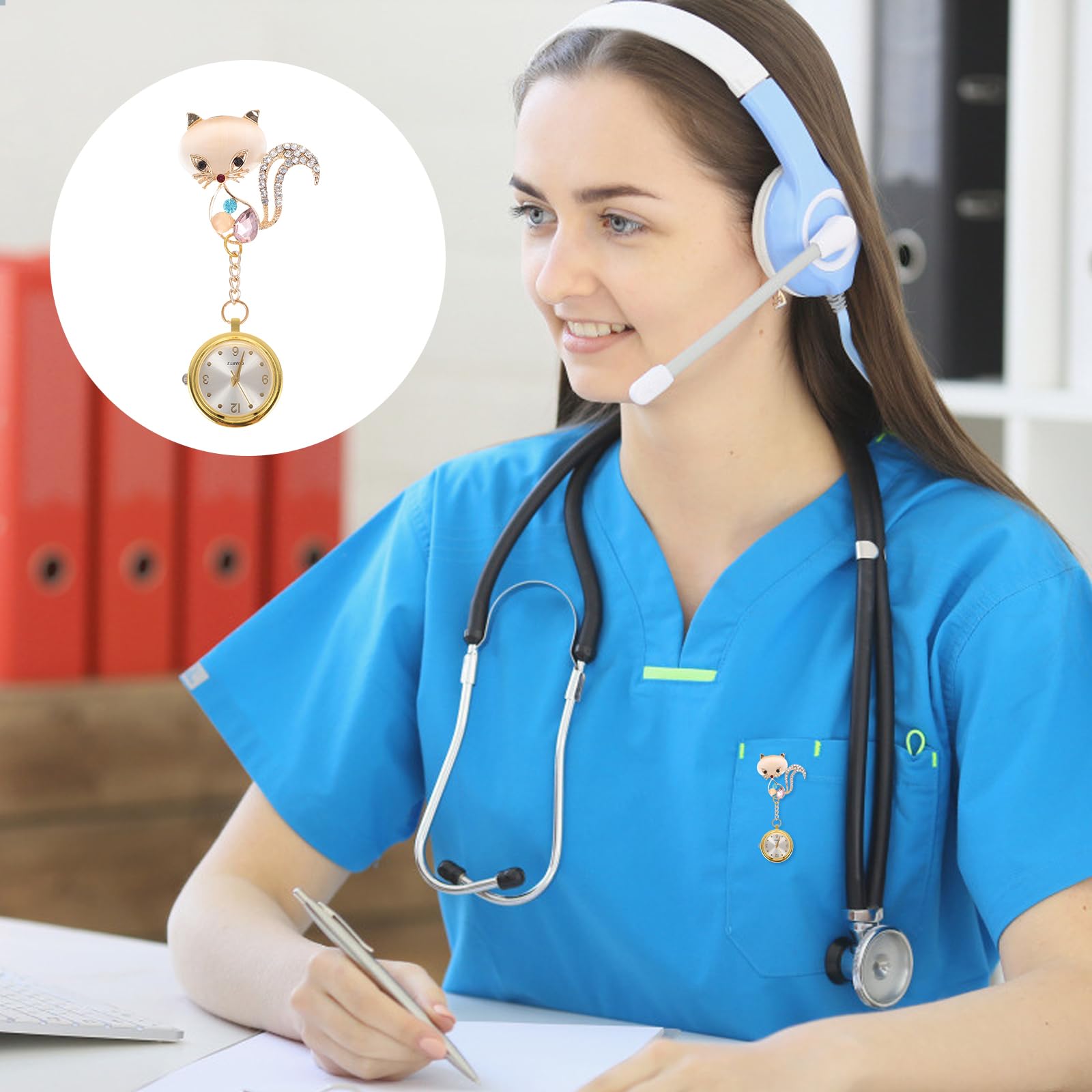 UKCOCO Taschenuhren Für Krankenschwestern Taschenuhr Arzt Personalisierte Krankenschwesteruhr mit Clip Strass Schwesternuhr Fuchs Pflegeuhr Pflege Pulsuhr Geschenke für Damen Arzt Gold