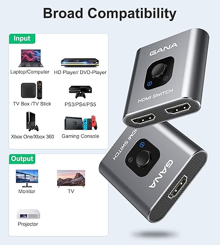 Miniatura 6 de Conmutador HDMI 4K60Hz Divisor, GANA Conmutador HDMI Bidireccional de Aluminio 2 en 1 Salida, Hub HDMI Manual Soporta HD Compatible con Xbox PS543