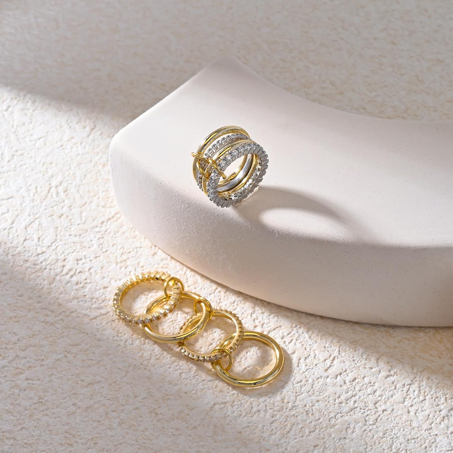 VIBILIA Gold Silver Interlocked Stackable Rings for Women Non Tarnish Dainty Ring Set Cubic Zirconia Stacking Statement Rings Two-Toned Connected Bands Jewelry Gift for Women - Image 3