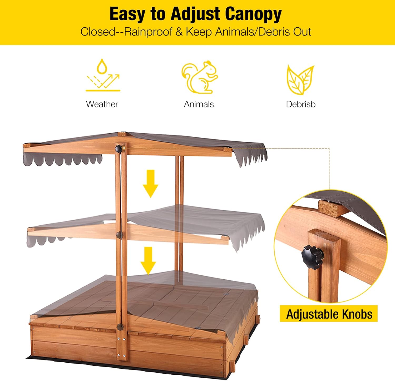 Aivituvin Kids Large Wooden Sandbox, Outdoor Sand Box Play w/ Canopy, 2 Foldable Bench Seats, Retractable Roof and Sand Protection - 47x47-Inch : Toys & Games
