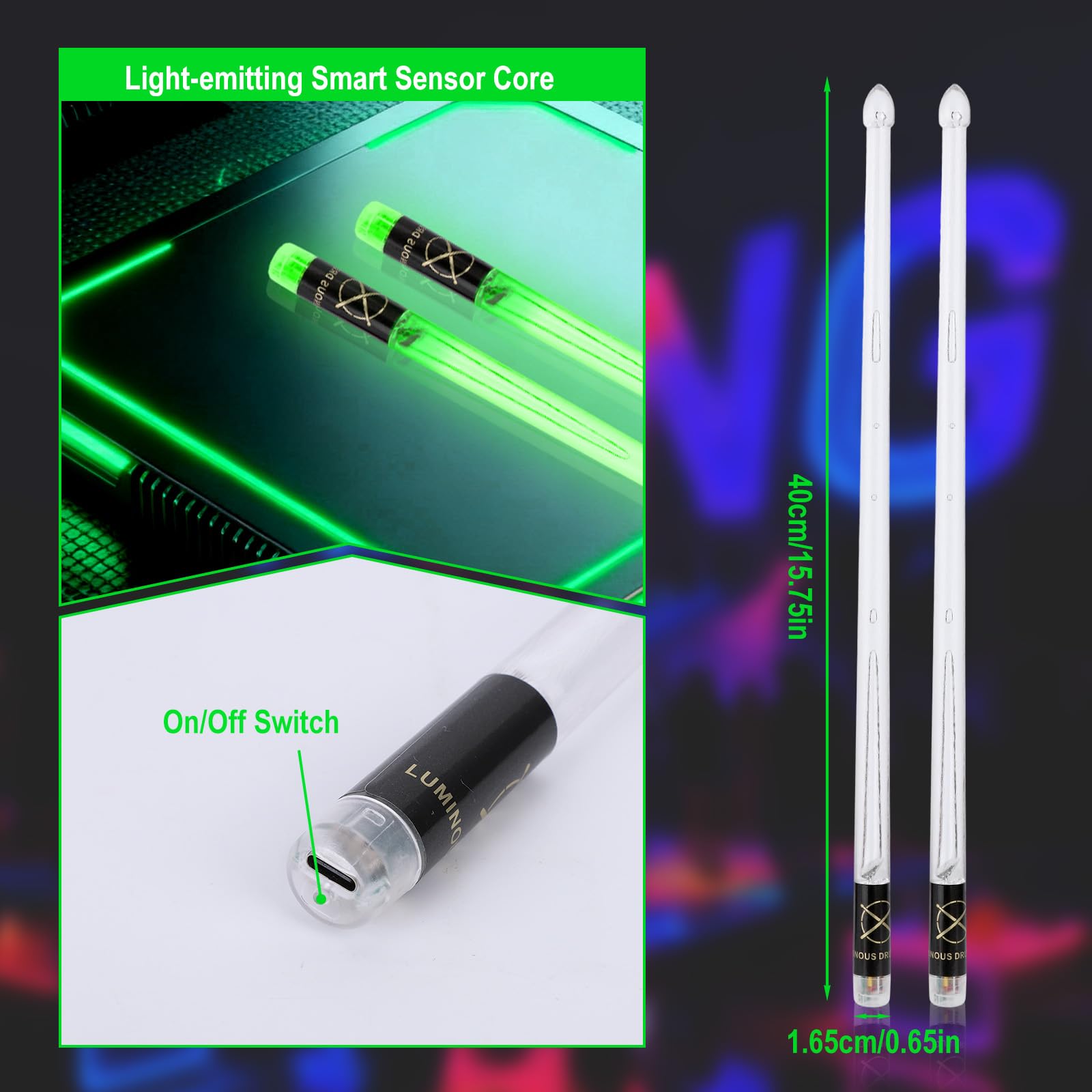 Bacchette per Batteria Ricaricabili con 15 Colori Cangianti, Bacchette Luminose con Ricarica USB Bambini e Adulti Accessori Batteria Professionali e Regali per Batteristi