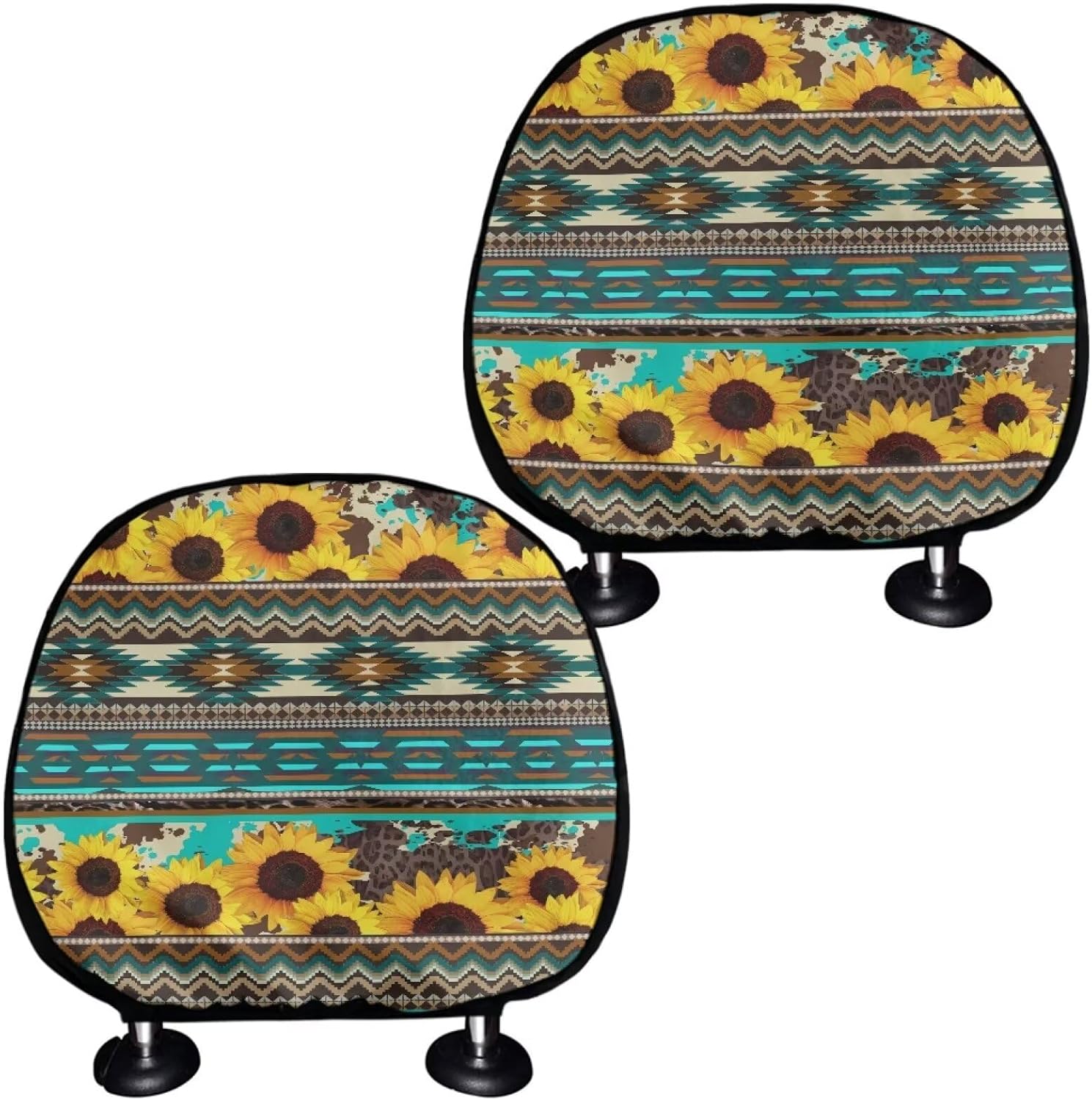 INSTANTARTS Sunflower 2-Piece Car Headrest Cover Aztec Front and Rear Seat Headrest Decorative Cover Universal Elastic Headrest Protective Cover Auto Accessories