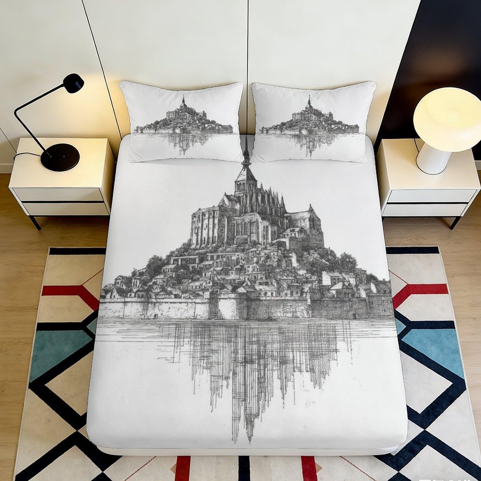 3D Printed Castle Pattern Fitted Sheet Microfiber Non-Slip Deep Pocket Castle Mattress Fitted Cover Bedroom Bedding Washable 160x200x25cm