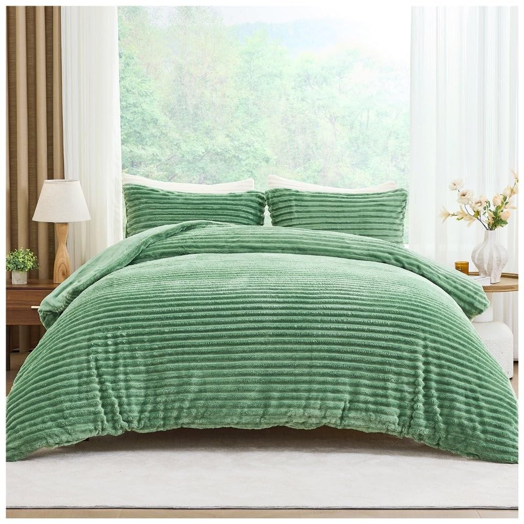 David & Amaya Teddy Fleece Duvet Cover Set – Chunky Ribbed Super Soft Warm Cosy Bedding with Pillowcases – Easy Care, Durable, Snuggly Polyester Quilt Set (Green, Double)