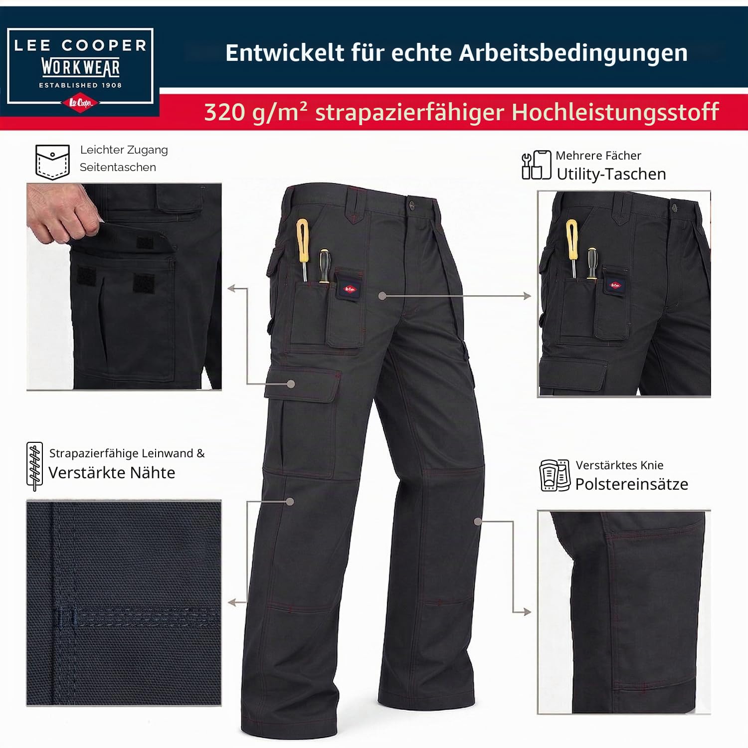 Lee Cooper Herren Cargo Arbeitshose mit Kniepolstertaschen 320 GSM – Workwear Hose Schwer Robust Multi Taschen, Sicherheits Arbeitshose Pflegeleicht für Bau Handwerk