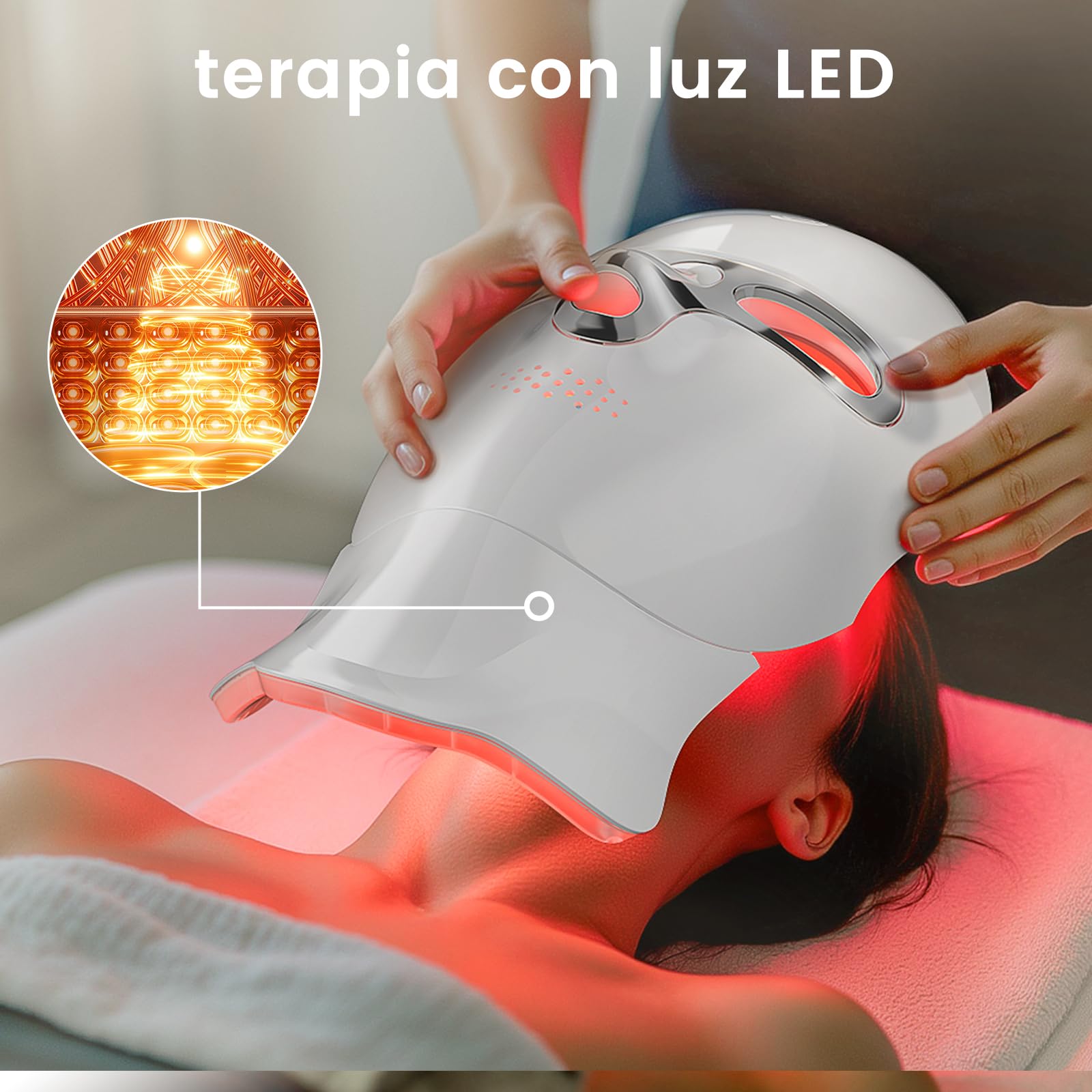 Máscara LED para Cara y Cuello Recargable USB-C con 7 Modos de Luz Diseño Inalámbrico para Uso Diario Hogar Viajes Yoga (Plata)