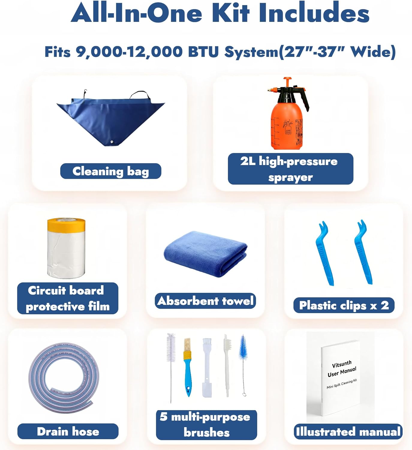 Vitsunth Complete Mini Split Cleaning Kit Bag with Sprayer for 9,000-12,000BTU / 27in-37in Ductless Split Unit Minisplit Cleaning Kit with Waterproof Wash Cover Bib and User Manual