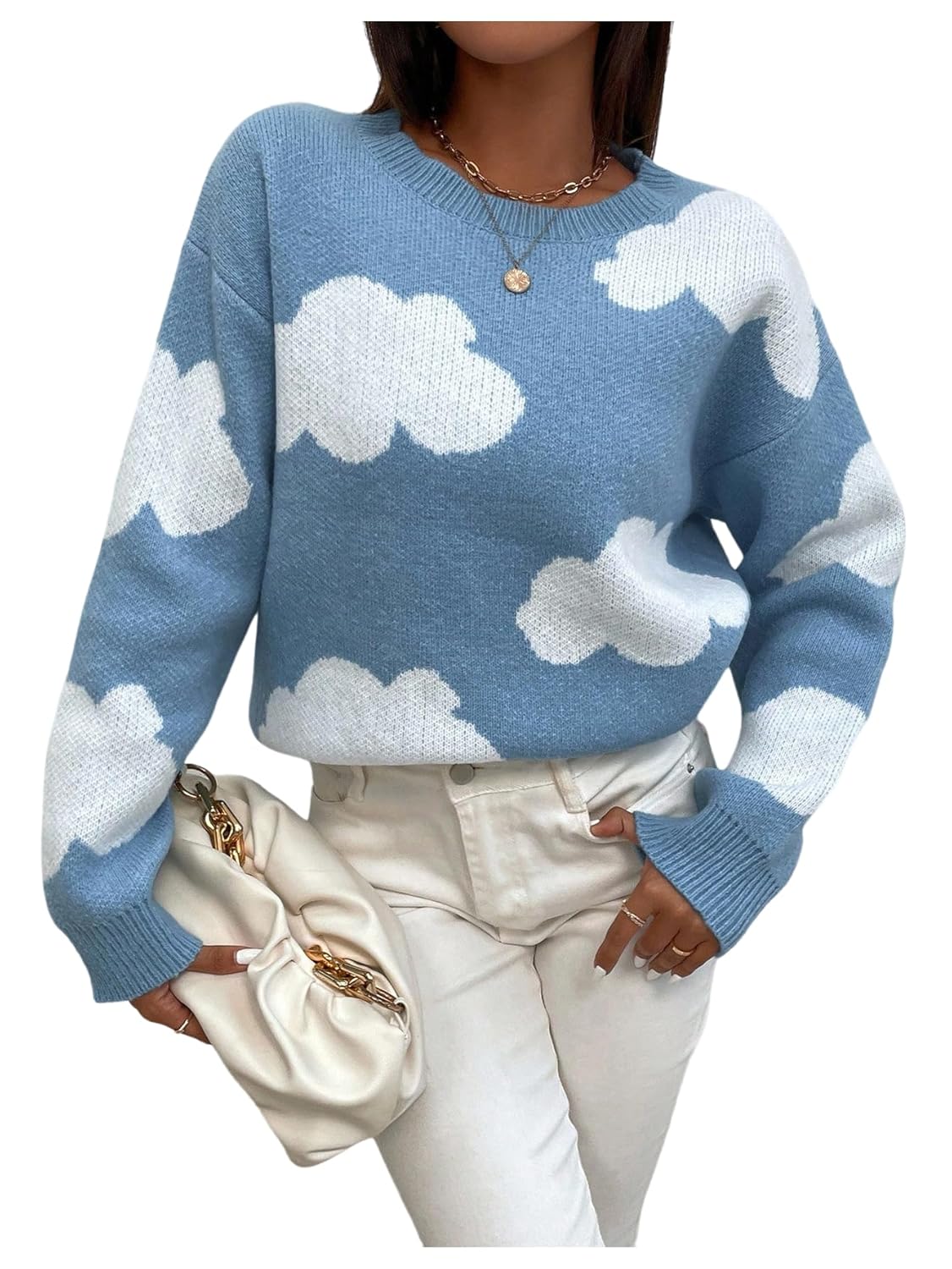 SHENHE Womens Crewneck Drop Shoulder Cloud Pattern Casual Sweater Pullover Jumper