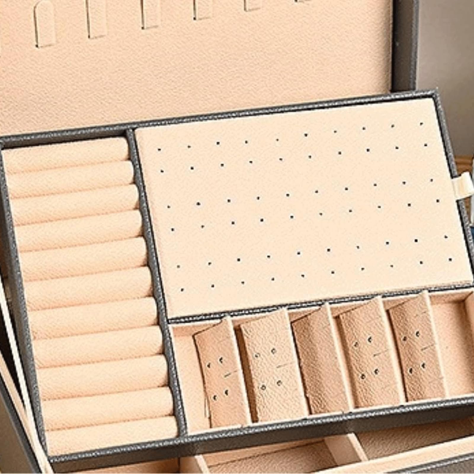 Caja de joyería de cuero PU, caja de almacenamiento de collares de 2 capas, caja organizadora de joyas con cerradura para anillos, pendientes, collares