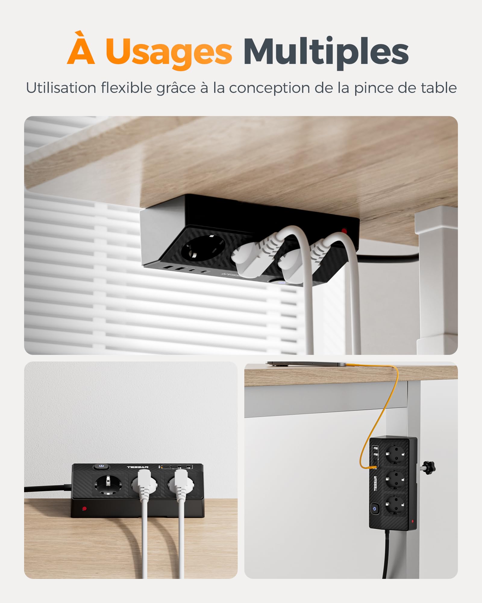 TESSAN Gniazdko stołowe z USB C (PD 20 W), z 3 gniazdami i 4 portami USB, listwa zasilająca 4000 W z zabezpieczeniem przed przeciążeniem i przedłużaczem 1,8 m, nadaje się do biura, czarna