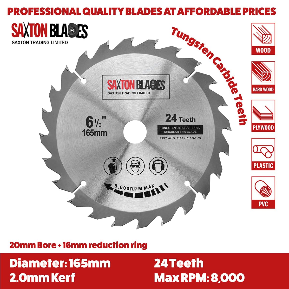 TCT165MXDSK Saxton TCT Circular Lama per legnos 165mm x 20mm (16mm anello) - Confezione D compatibile con Bosch Makita Dewalt etc