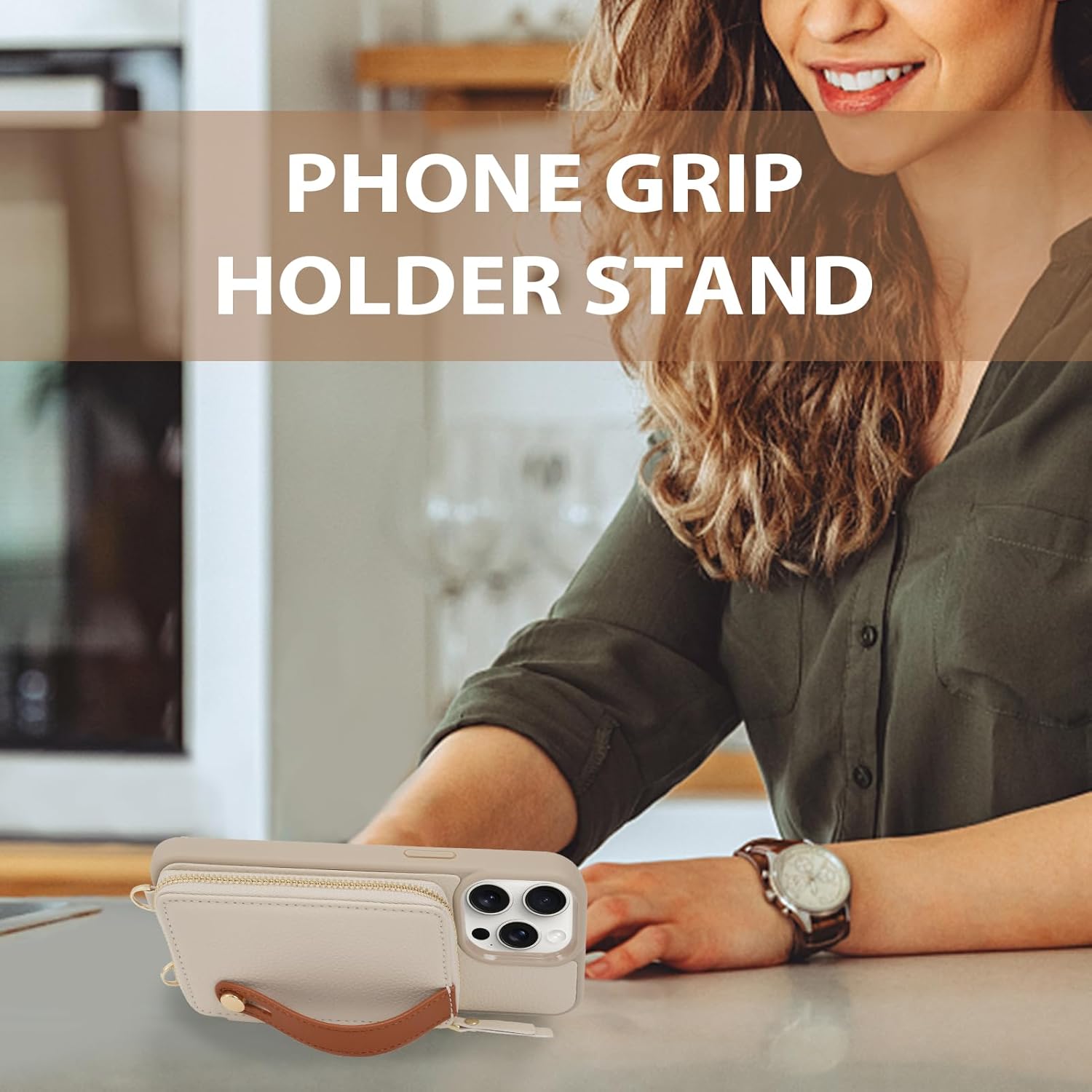 LAMEEKU for iPhone 15 Pro Max Wallet Case with Credit Card Holder, Zipper Leather Crossbody Case with Phone Grip Holder Stand for Women for iPhone 15 Pro Max 6.7 inch Beige - Image 9