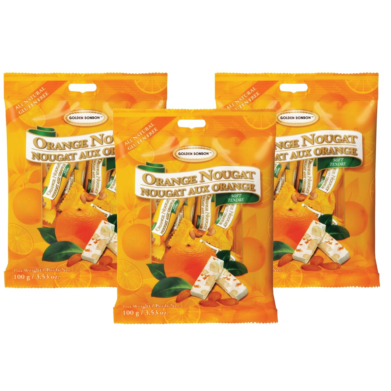 Golden Bonbon Italian Soft Almond Nougat Candy, Individually Packed Chewy, Gluten Free Nougat, Full of Almonds, Halal Candy 3.53 Ounces (Pack of 3) (Almond Orange)