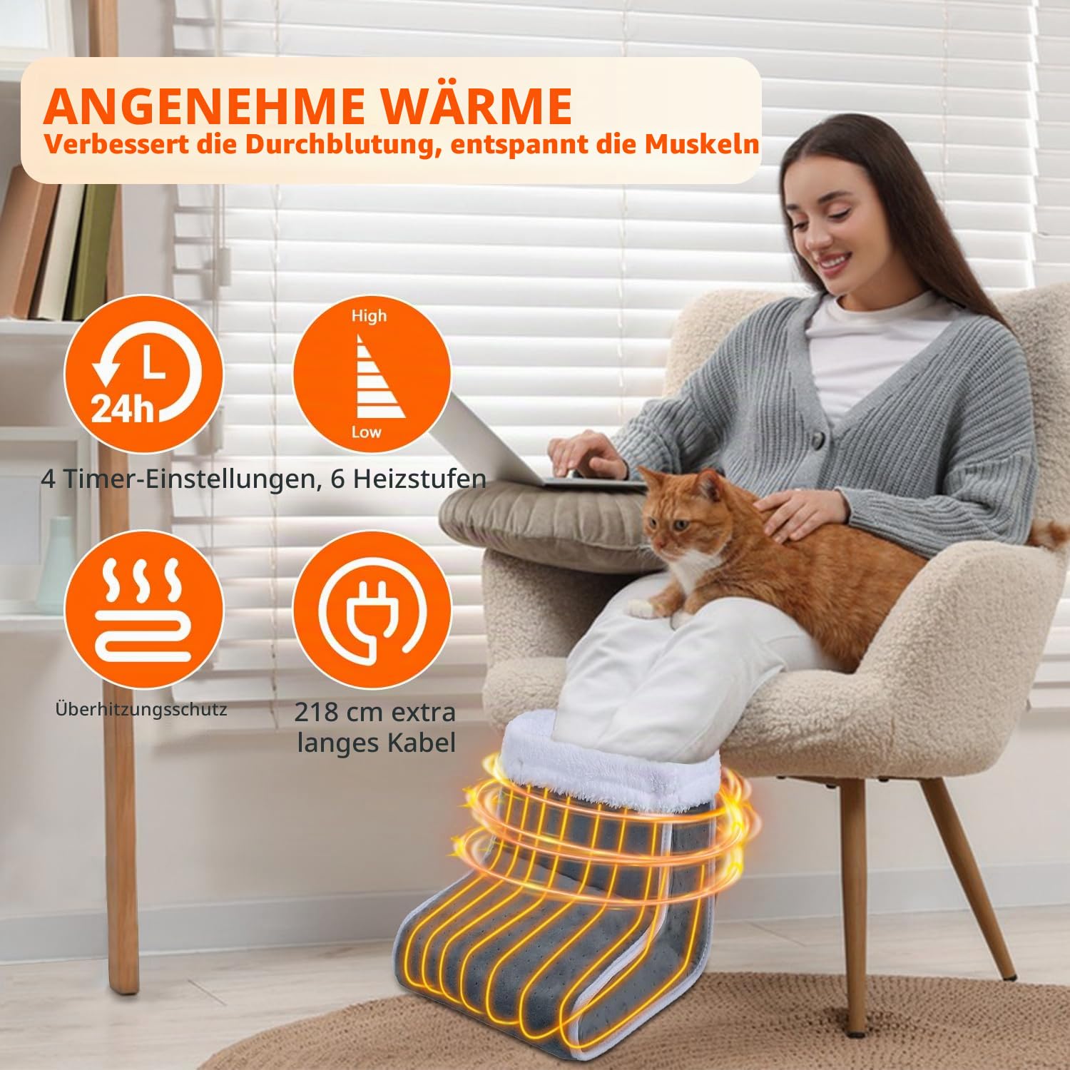 Elektrischer Fußwärmer mit 6 Temperaturstufen und 4 Timerstufen, Flauschiger Flanellstoff, Abschaltautomatik sowie Überhitzungsschutz, Perfekt für Winter, Zuhause und Büro bei kaltem Wetter