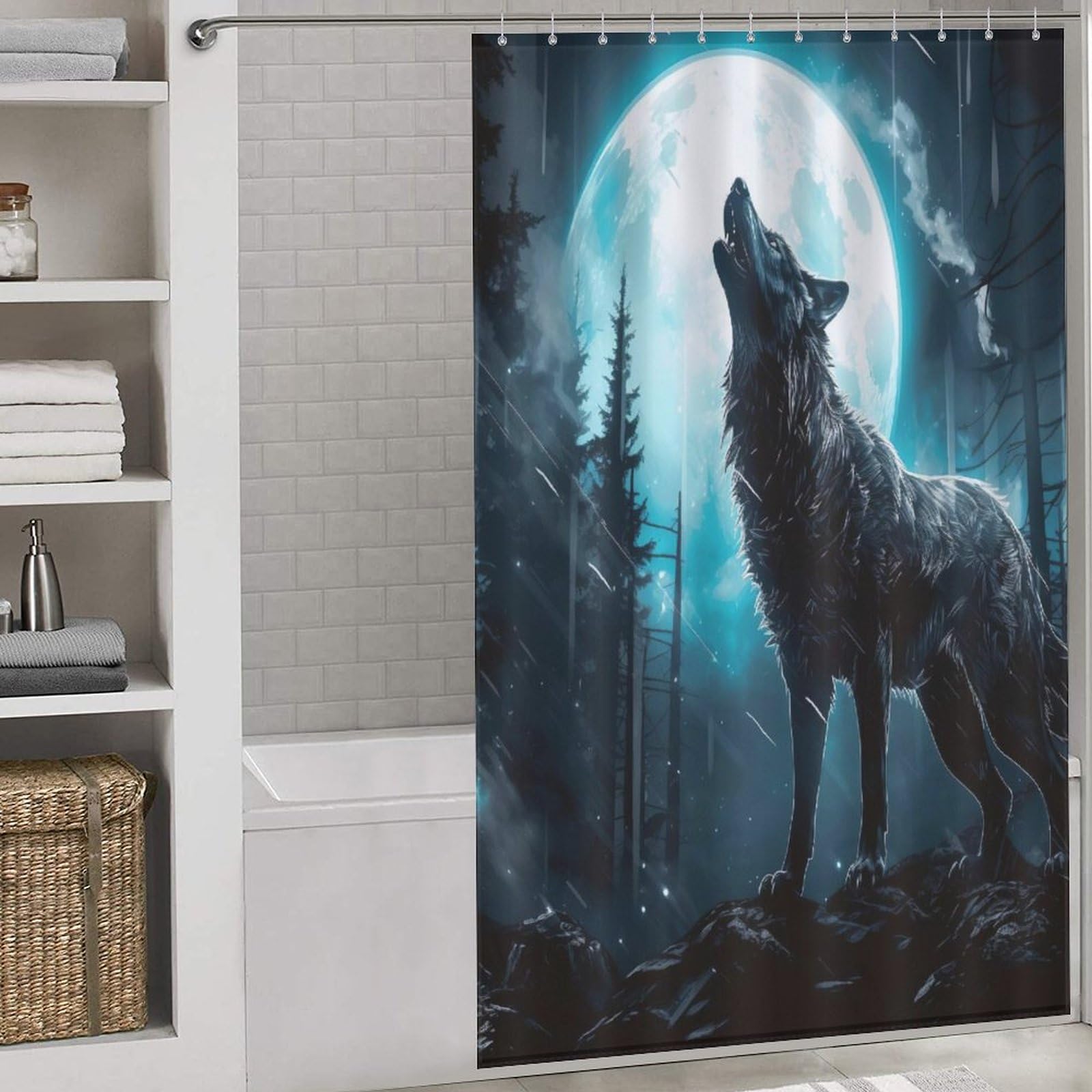 Rideau de douche imperméable loup en tissu polyester lavable 140x183cm