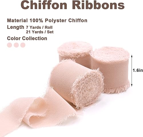 Miniatura 2 de 3 rollos de cinta de gasa con flecos hechos a mano color rosa claro de 1.5 pulgadas x 7 yardas, cinta rústica colorida similar a la seda para ramos